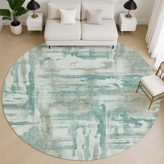 8' Teal And Taupe Abstract Washable Round Rug With UV Protection Photo 5