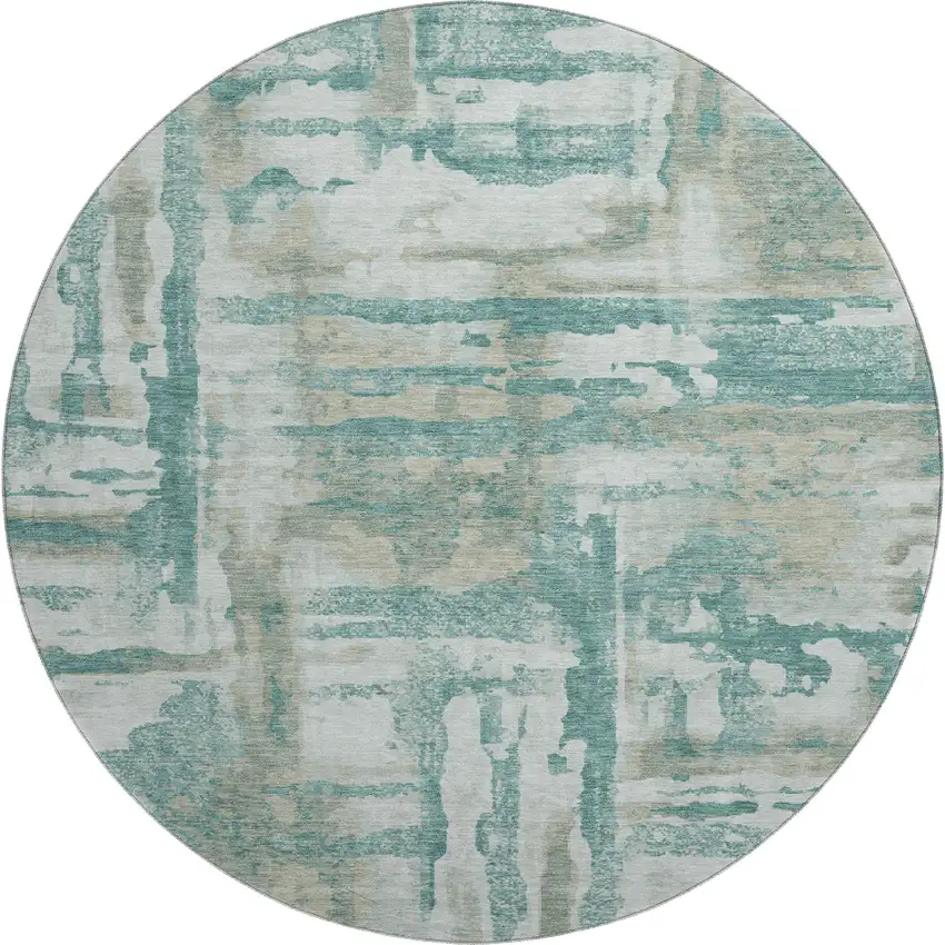 8' Teal And Taupe Abstract Washable Round Rug With UV Protection Photo 1