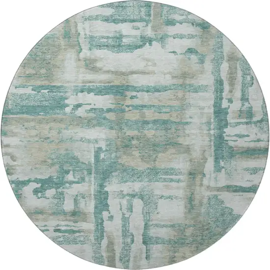 8' Teal And Taupe Abstract Washable Round Rug With UV Protection Photo 4