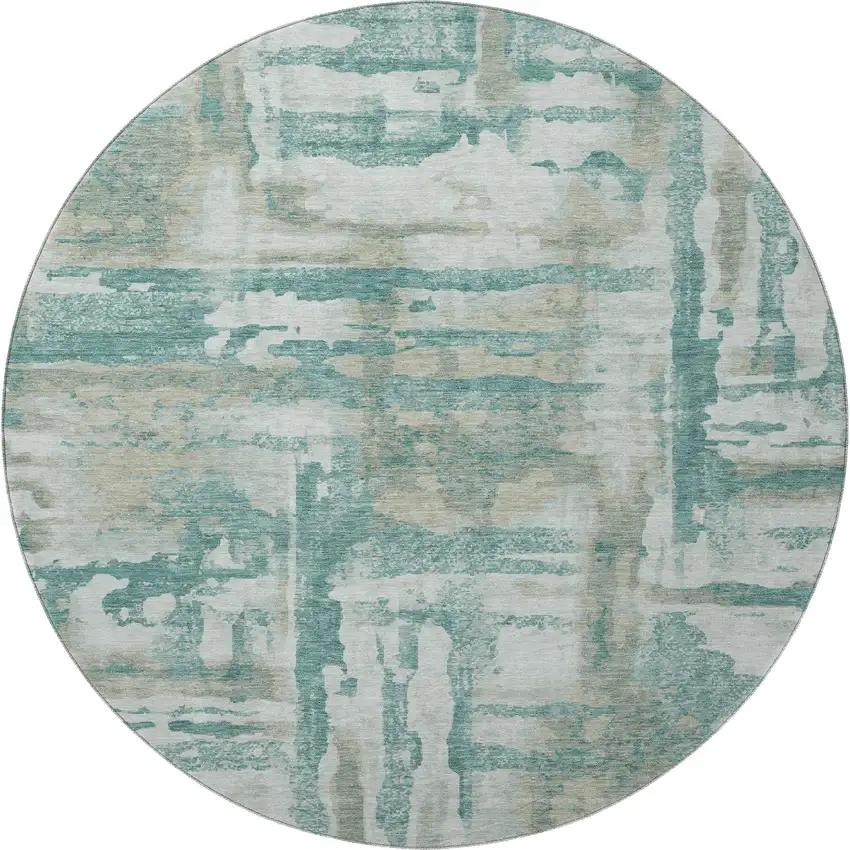 8' Teal And Taupe Abstract Washable Round Rug With UV Protection Photo 4