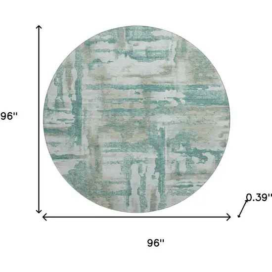 8' Teal And Taupe Abstract Washable Round Rug With UV Protection Photo 8