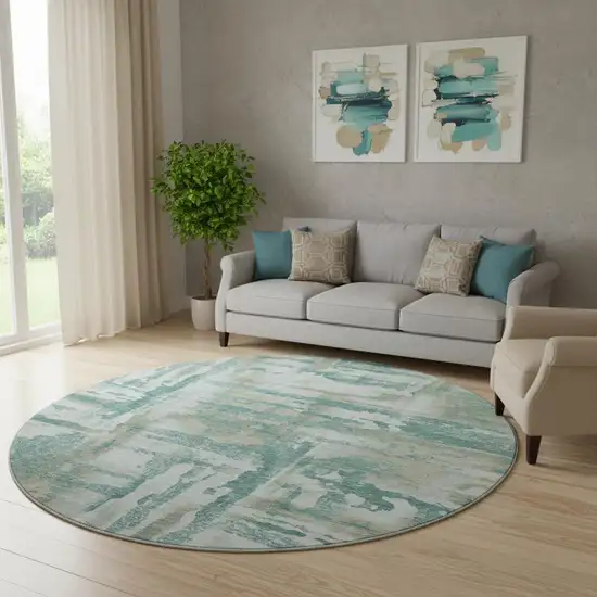 8' Teal And Taupe Abstract Washable Round Rug With UV Protection Photo 2