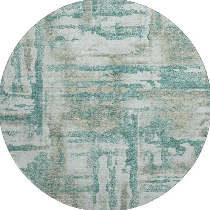 8' Teal And Taupe Abstract Washable Round Rug With UV Protection Photo 3