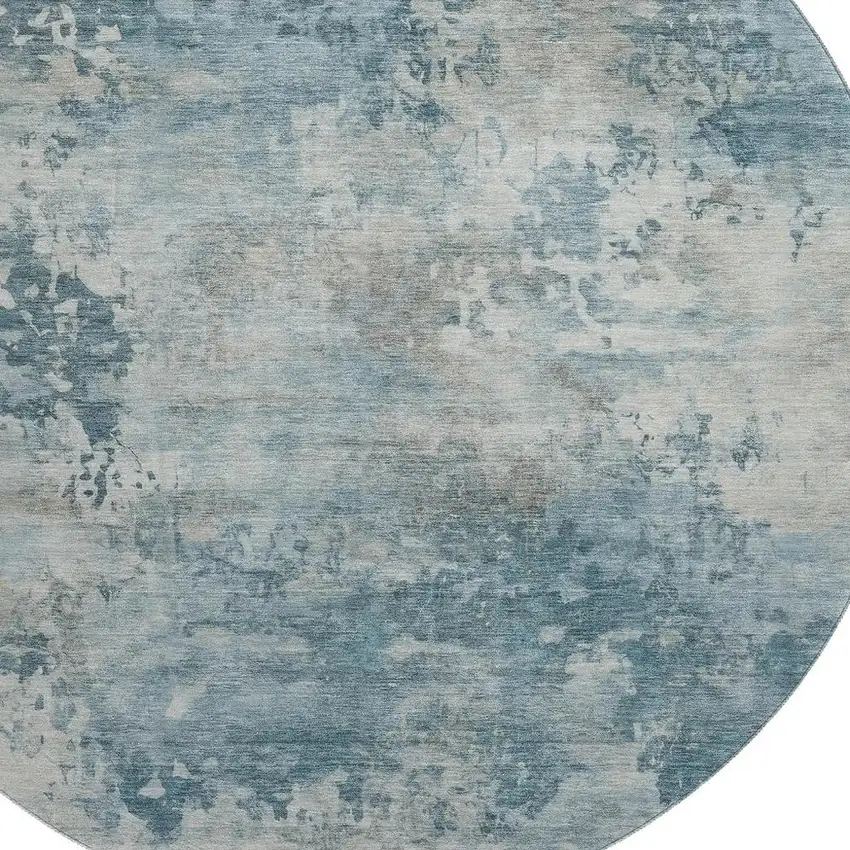 8' Teal And Taupe Abstract Washable Round Rug With UV Protection Photo 3