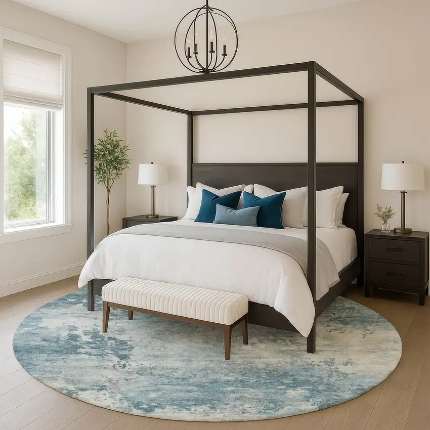 8' Teal And Taupe Abstract Washable Round Rug With UV Protection Photo 5