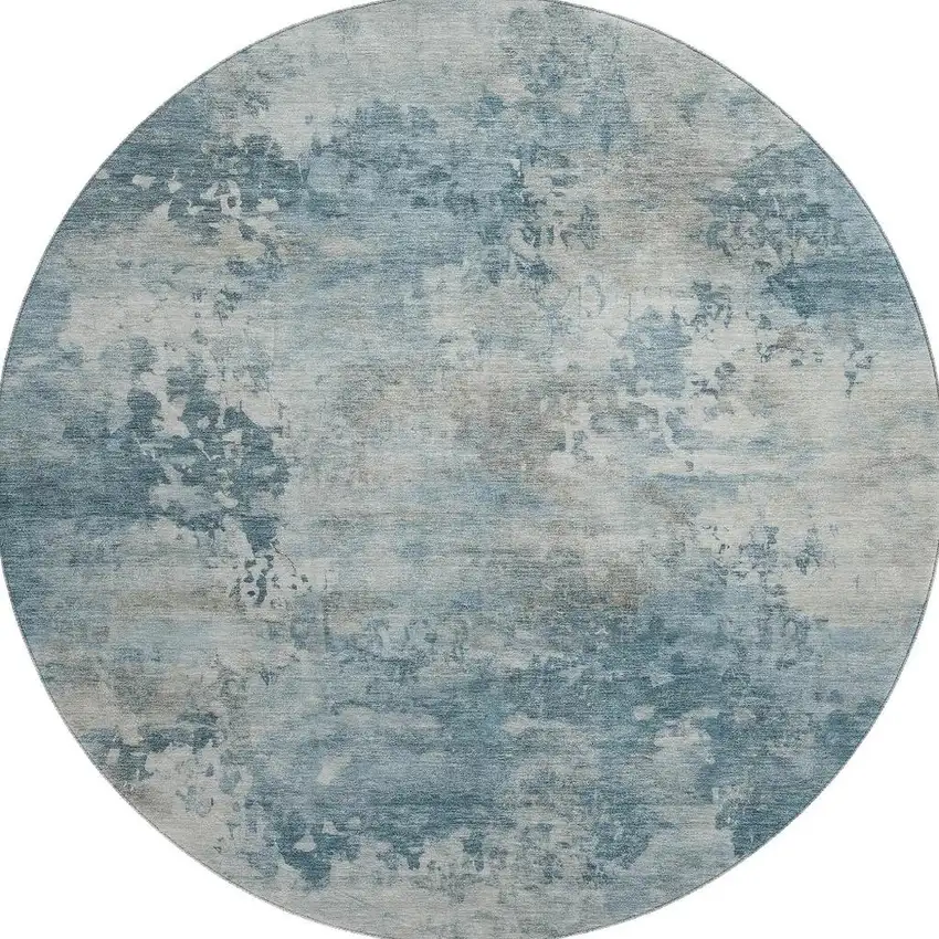 8' Teal And Taupe Abstract Washable Round Rug With UV Protection Photo 4
