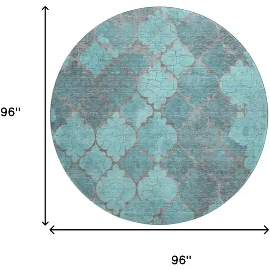 8' Teal And Taupe Damask Washable Round Rug With UV Protection Photo 9