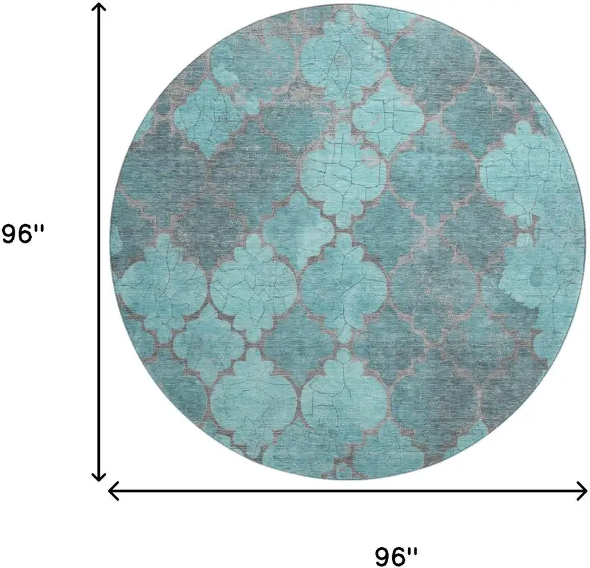 8' Teal And Taupe Damask Washable Round Rug With UV Protection Photo 9