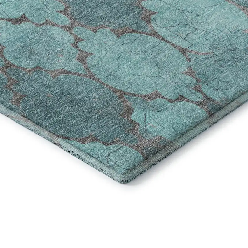 8' Teal And Taupe Damask Washable Round Rug With UV Protection Photo 6