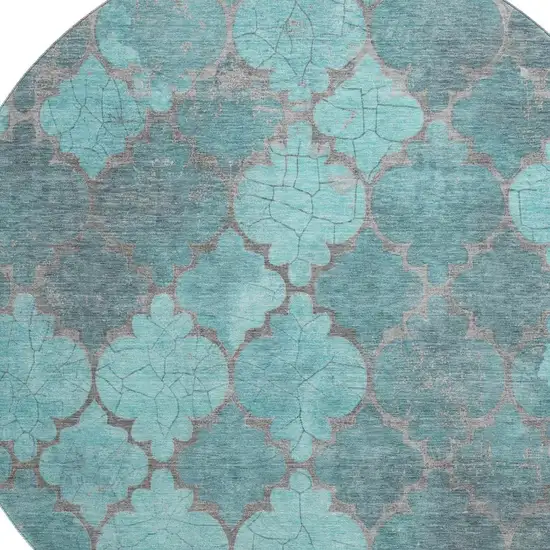 8' Teal And Taupe Damask Washable Round Rug With UV Protection Photo 2