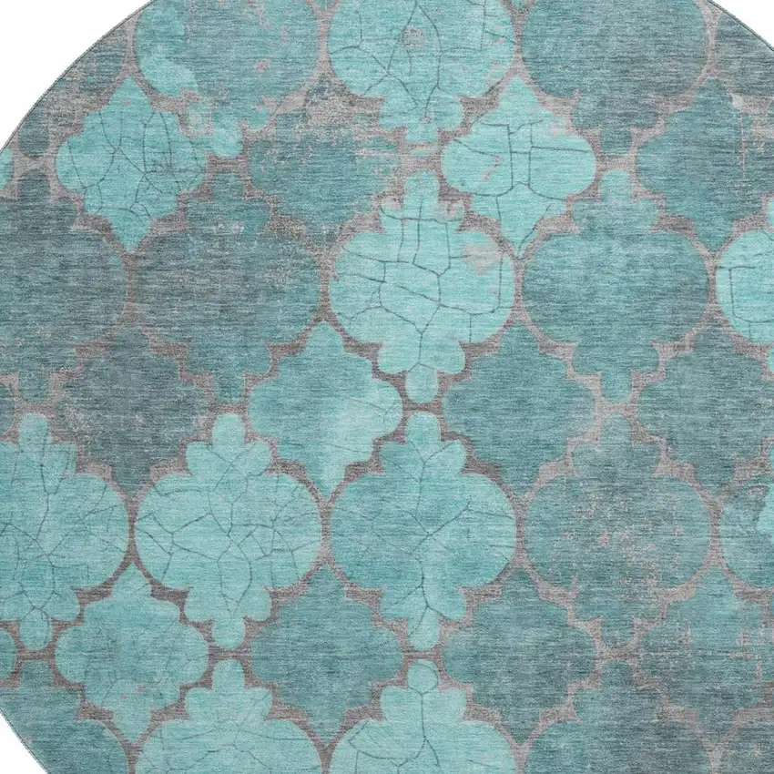 8' Teal And Taupe Damask Washable Round Rug With UV Protection Photo 2