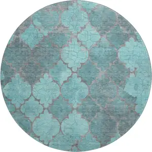 Photo of 8' Teal And Taupe Damask Washable Round Rug With UV Protection