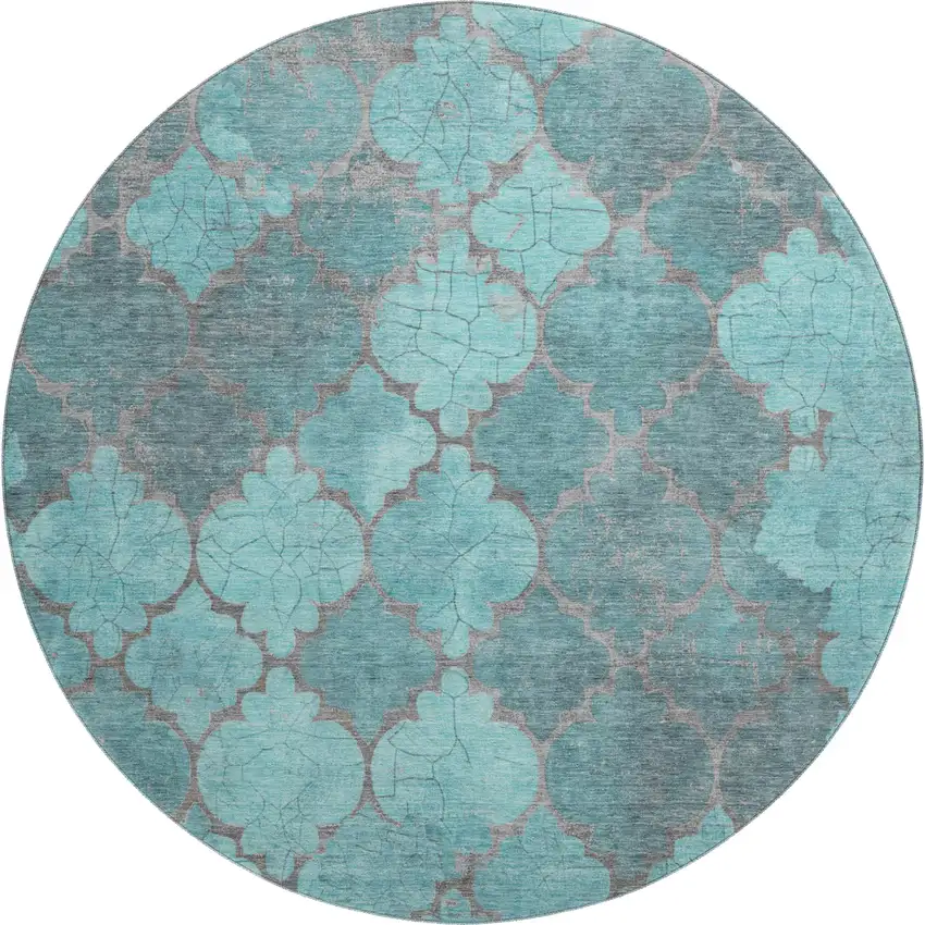 8' Teal And Taupe Damask Washable Round Rug With UV Protection Photo 1