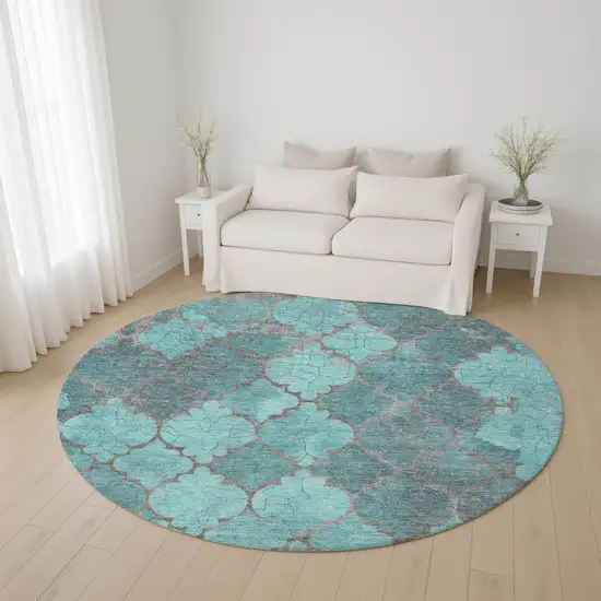 8' Teal And Taupe Damask Washable Round Rug With UV Protection Photo 4
