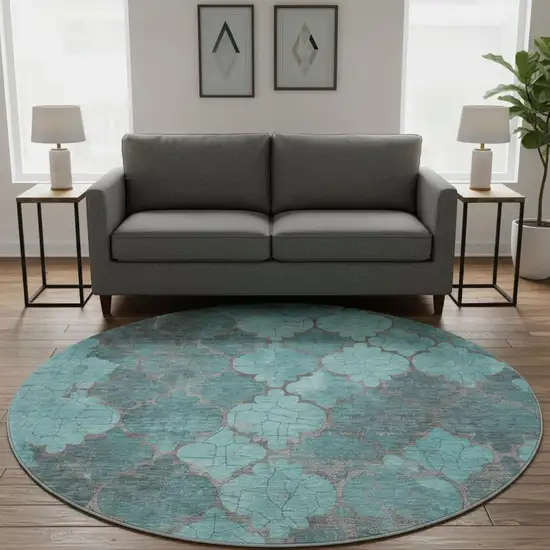 8' Teal And Taupe Damask Washable Round Rug With UV Protection Photo 2