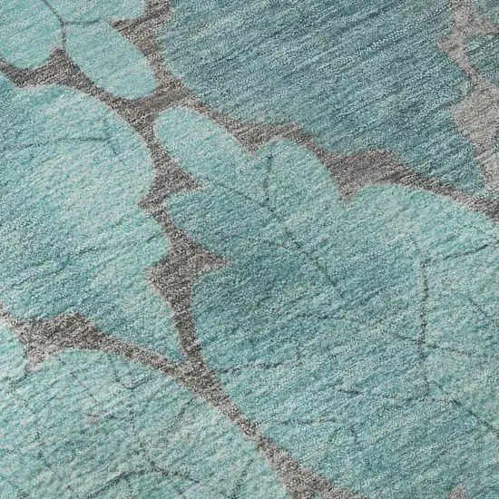 8' Teal And Taupe Damask Washable Round Rug With UV Protection Photo 8