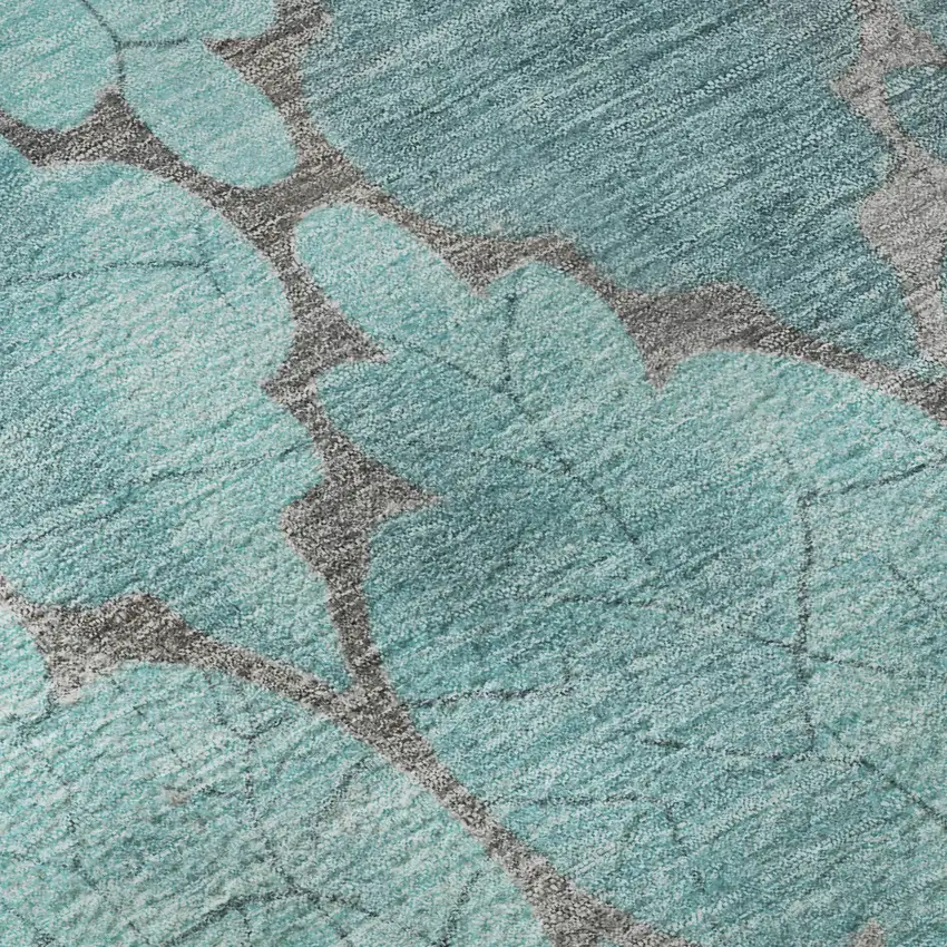 8' Teal And Taupe Damask Washable Round Rug With UV Protection Photo 8