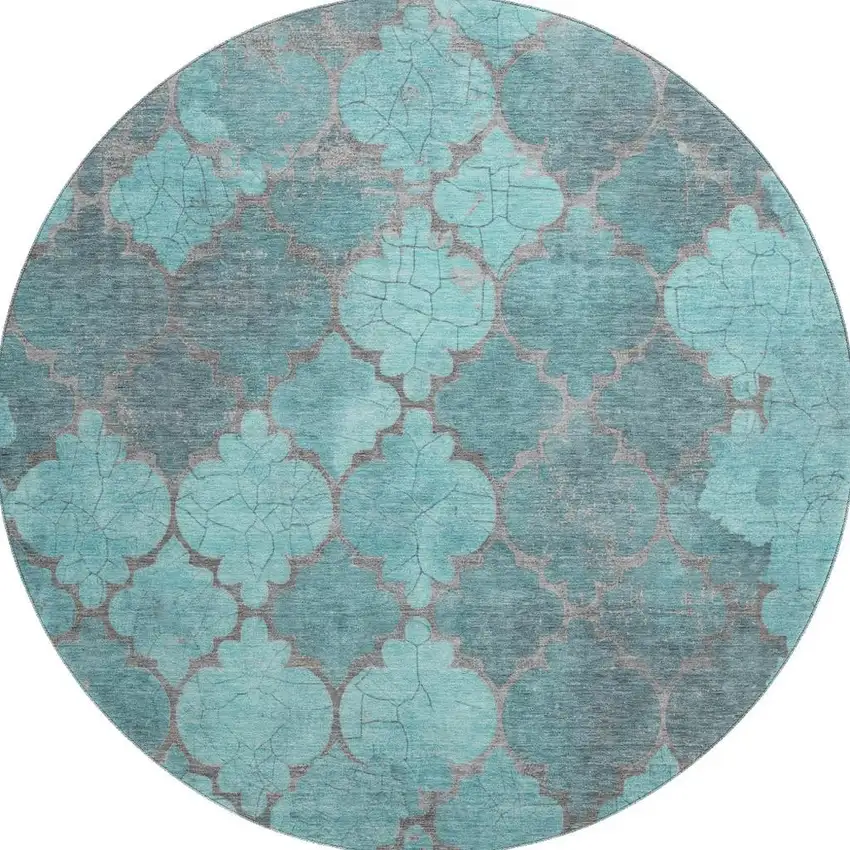 8' Teal And Taupe Damask Washable Round Rug With UV Protection Photo 3