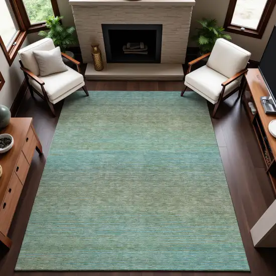 8' Teal And Taupe Striped Washable Area Rug With UV Protection Photo 5