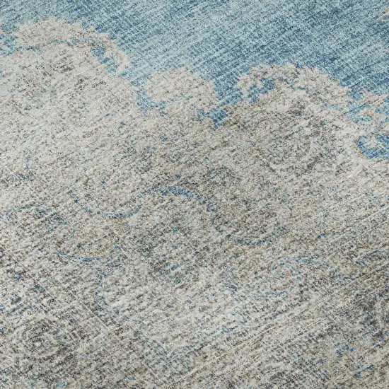 8' Teal Aqua And Gray Oriental Washable Round Rug With UV Protection Photo 8