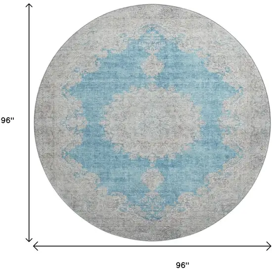 8' Teal Aqua And Gray Oriental Washable Round Rug With UV Protection Photo 9
