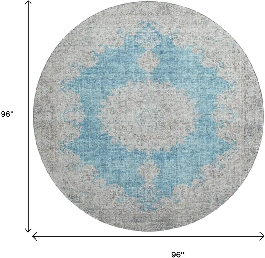 8' Teal Aqua And Gray Oriental Washable Round Rug With UV Protection Photo 9