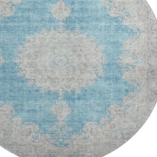 8' Teal Aqua And Gray Oriental Washable Round Rug With UV Protection Photo 2