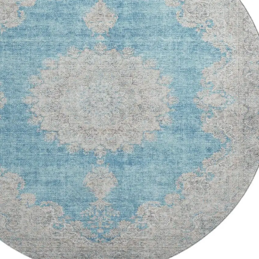 8' Teal Aqua And Gray Oriental Washable Round Rug With UV Protection Photo 2