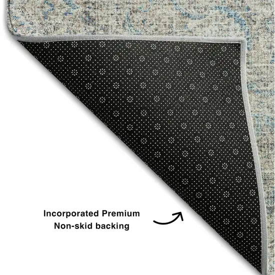 8' Teal Aqua And Gray Oriental Washable Round Rug With UV Protection Photo 5