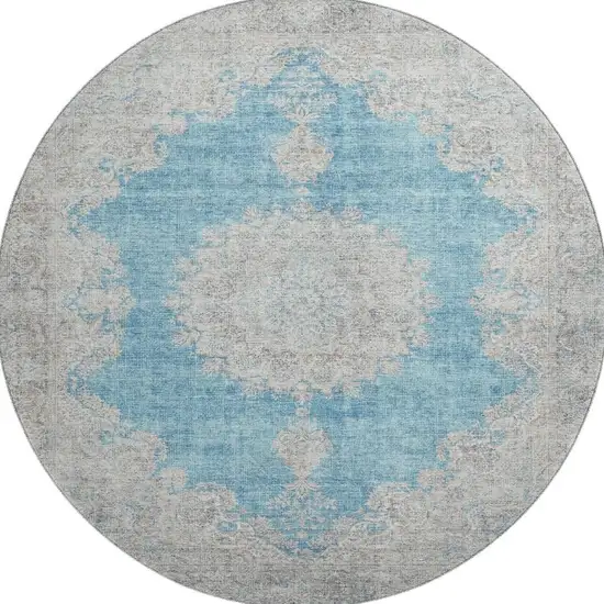 8' Teal Aqua And Gray Oriental Washable Round Rug With UV Protection Photo 3