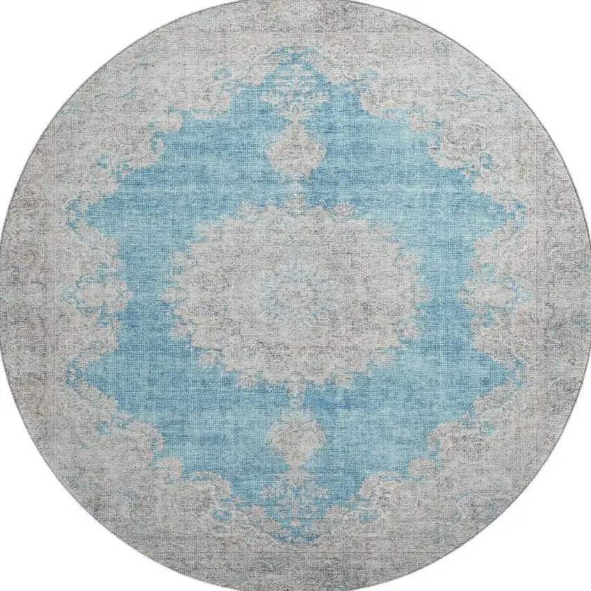 8' Teal Aqua And Gray Oriental Washable Round Rug With UV Protection Photo 3