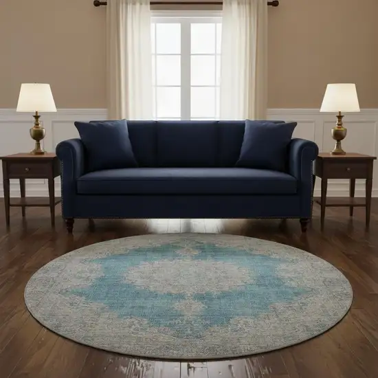 8' Teal Aqua And Gray Oriental Washable Round Rug With UV Protection Photo 2