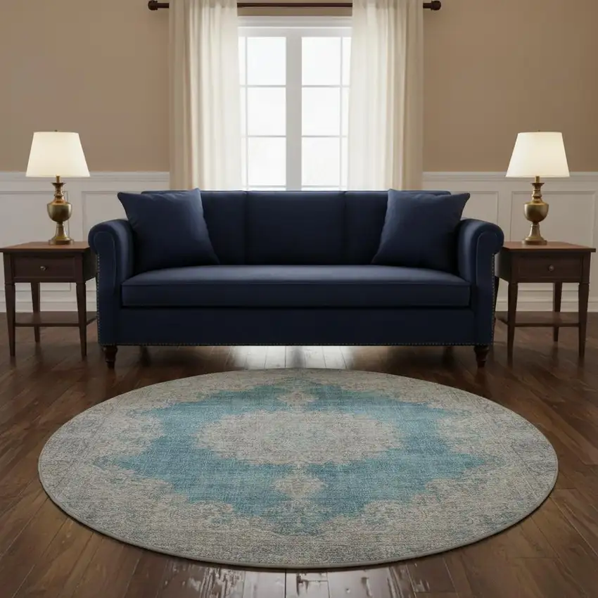 8' Teal Aqua And Gray Oriental Washable Round Rug With UV Protection Photo 2