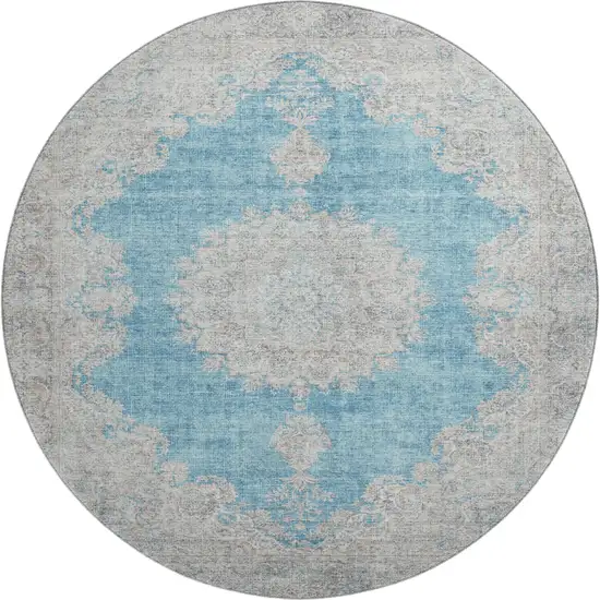 8' Teal Aqua And Gray Oriental Washable Round Rug With UV Protection Photo 1