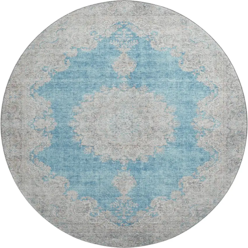 8' Teal Aqua And Gray Oriental Washable Round Rug With UV Protection Photo 1