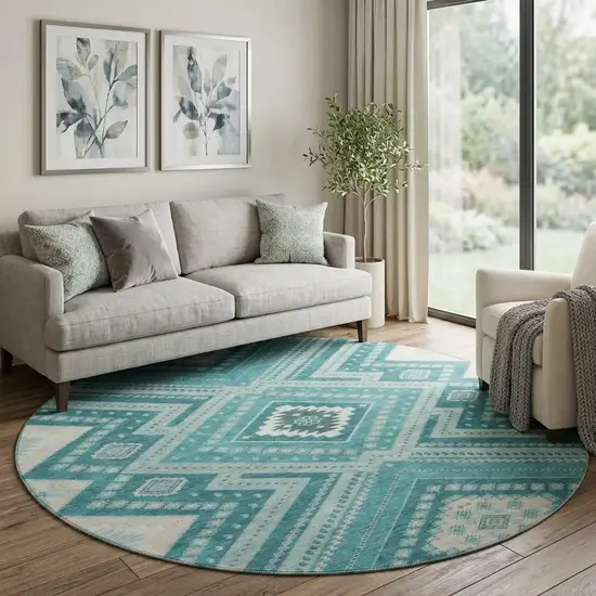 8' Teal Beige And Aqua Tribal Washable Round Rug With UV Protection Photo 1