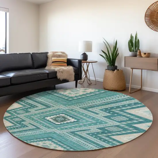 8' Teal Beige And Aqua Tribal Washable Round Rug With UV Protection Photo 4