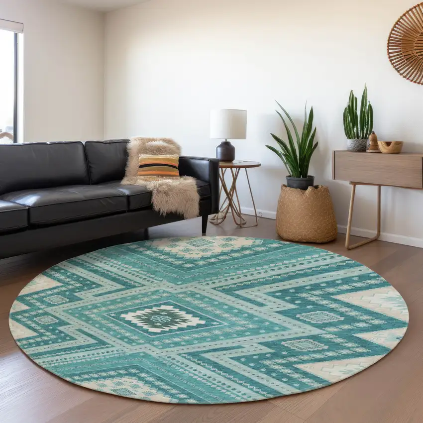 8' Teal Beige And Aqua Tribal Washable Round Rug With UV Protection Photo 4