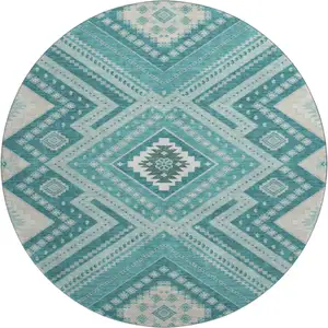 Photo of 8' Teal Beige And Aqua Tribal Washable Round Rug With UV Protection