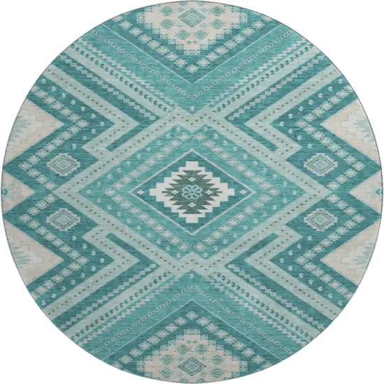 8' Teal Beige And Aqua Tribal Washable Round Rug With UV Protection Photo 1