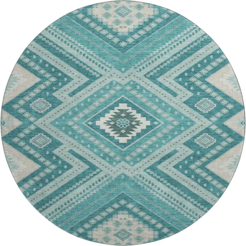 8' Teal Beige And Aqua Tribal Washable Round Rug With UV Protection Photo 1