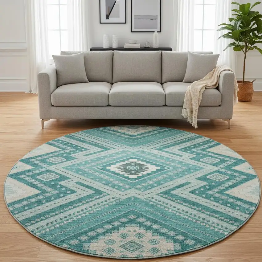 8' Teal Beige And Aqua Tribal Washable Round Rug With UV Protection Photo 2
