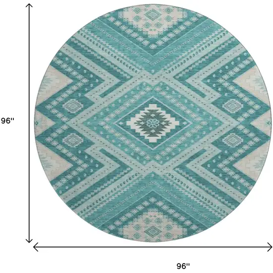 8' Teal Beige And Aqua Tribal Washable Round Rug With UV Protection Photo 8