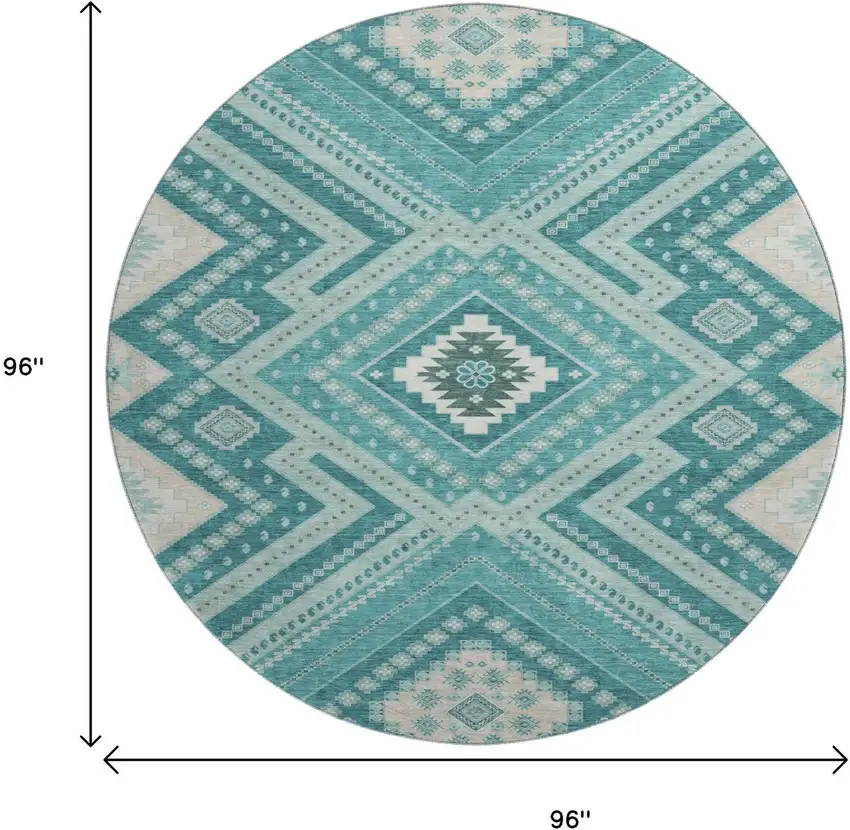 8' Teal Beige And Aqua Tribal Washable Round Rug With UV Protection Photo 8