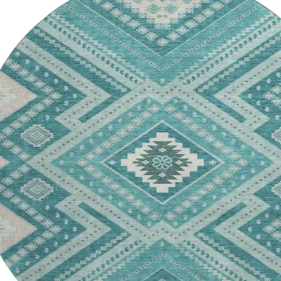8' Teal Beige And Aqua Tribal Washable Round Rug With UV Protection Photo 2