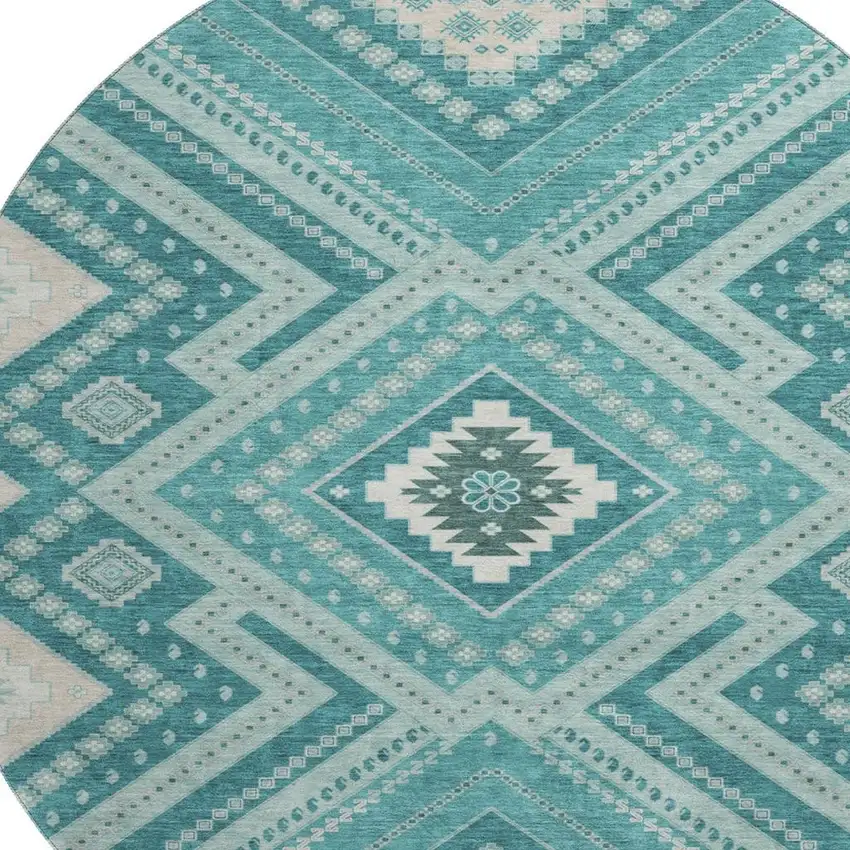 8' Teal Beige And Aqua Tribal Washable Round Rug With UV Protection Photo 2