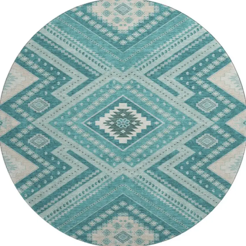 8' Teal Beige And Aqua Tribal Washable Round Rug With UV Protection Photo 3