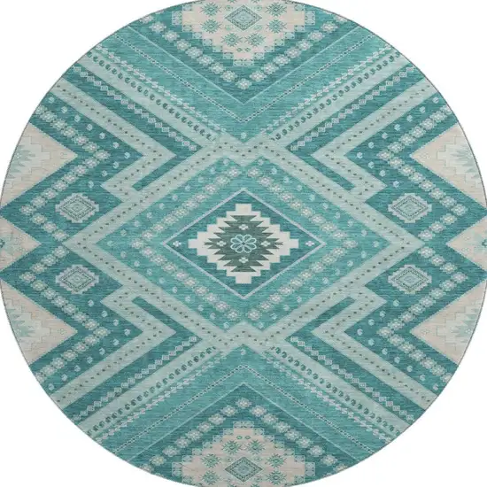 8' Teal Beige And Aqua Tribal Washable Round Rug With UV Protection Photo 3