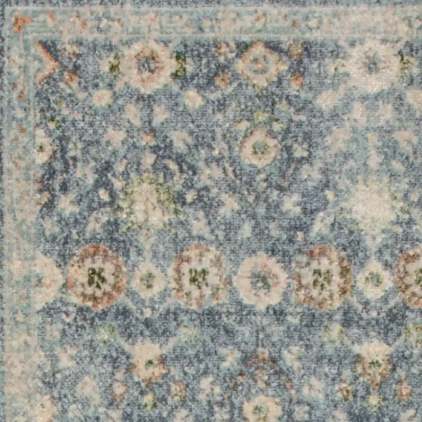 6' Teal Beige And Brown Floral Distressed Runner Rug Photo 8