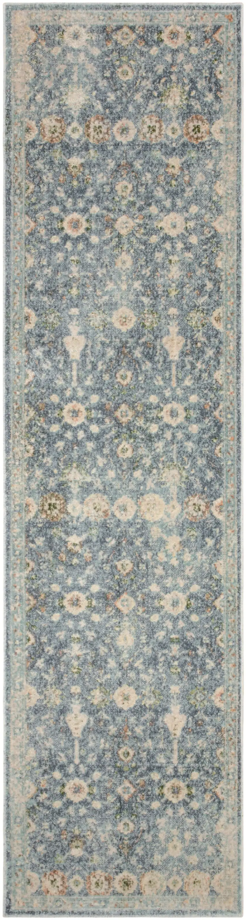 6' Teal Beige And Brown Floral Distressed Runner Rug Photo 7